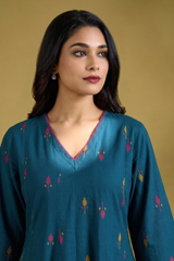 Blueberry Bloom Motifs Long Maxi Dress With Sleeves