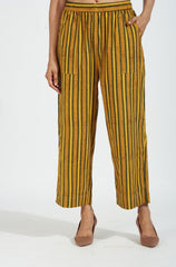 comfort fit cotton printed pants - yellow green ajrakh stripes