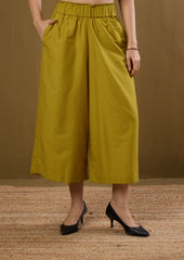 Comfort Fit Waist Wide Legged Pants with pockets - Charteruse yellow silk slub