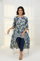Blue Iris White Blooms Asymmetrical Waterfall Kurta