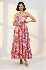 Blush Blue Pastel Roses Long Ruffle Strap Dress