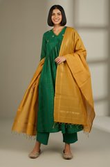 Emerald Checks & Gold V-Neck Gather Anarkali