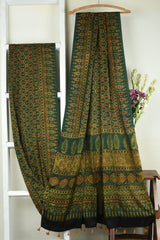ajrakh modal silk sarees - glistening emerald & gold symphony