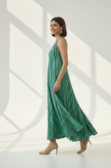 Emerald Wave Sleeveless Strap Satin Cotton Flared Bias Dress