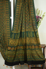 ajrakh modal silk sarees - glistening emerald & gold symphony