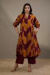 Burnt Sienna Gold Ikat Cotton Collar Box Pleat Kurta