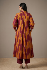 Burnt Sienna Gold Ikat Cotton Collar Box Pleat Kurta