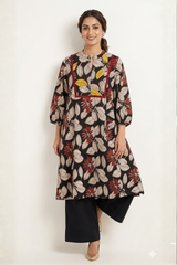 Black Flora Cotton Dress With Patch Pocket