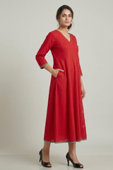 Cayenne Red Essence Cotton Long Maxi Dress With Sleeves