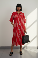 Ash Rose Cotton Ikat Box Pleat Button Down Shirt Dress