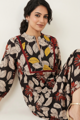 Black Flora Cotton Dress With Patch Pocket