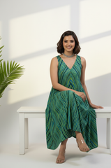 Emerald Wave Sleeveless Strap Satin Cotton Flared Bias Dress