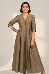 Beige Luxe Silk Slub Jumpsuit with Pockets & Collar
