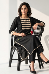 Black Luxe Weave Long Kurta With Yoke & Slit