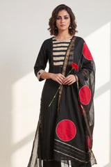 Black Luxe Weave Long Kurta With Yoke & Slit