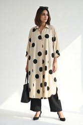 Black Pebble Dot Print Cotton Collar Box Pleat Kurta