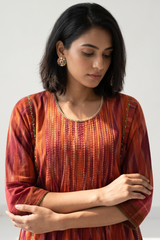 Burnt Saffron Ikat Pintuck Yoke Kalidar Kurta