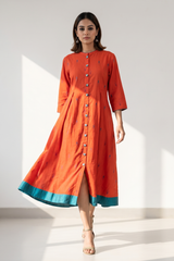Mandarin Collar Citrus Leaf Butti Button Down Cotton Dress