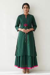 Co-ord Set Forest Green Cotton Button Down Kurta with Flared Skirt
