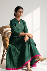 Co-ord Set Forest Green Cotton Button Down Kurta with Flared Skirt