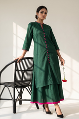 Co-ord Set Forest Green Cotton Button Down Kurta with Flared Skirt