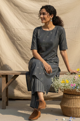 Co-ord Set Slate Triangle Weave Cotton Side Button Adjustable Slit Kurta & Pants