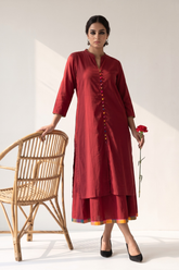 Co ord Set Crimson Cotton Classic Button Down Kurta with Flared Skirt