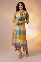 Colorburst Checks Cotton Long Kurta With Side Twist