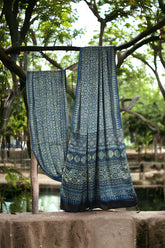 ajrakh modal silk sarees - azure twilight & gold hues