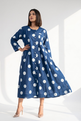 Indigo Moon Polka Cotton One Side Pleated Button Down Dress