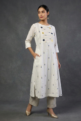 Ivory Leaf Confetti Cotton Pintuck Yoke Kurta with Pockets