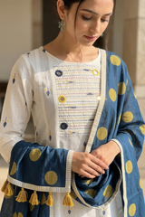 Ivory Leaf Confetti Cotton Pintuck Yoke Kurta with Pockets
