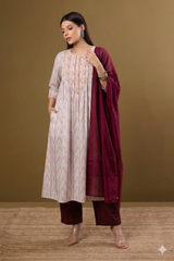 Ivory Zigzag Bloom Cotton Kurta With Pintuck