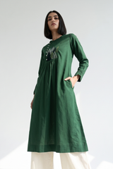 Jungle Jade Cotton Zen Yoke Gather Kurta