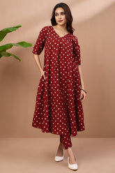 co-ord set box pleated v-neck kurta - garnet polka