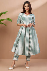 co-ord set box pleated v-neck kurta - jade stripes