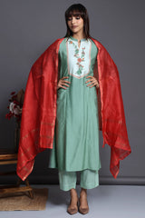 long yoke modal silk panel kurta - sage tendrils & serene spring