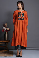 a-line silk kalidar kurta - orange charisma & mystic chandbalis