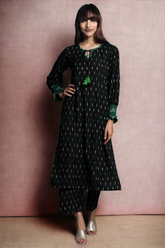 long kurta with smocked sleeve details - noir velvet & speckled elegance