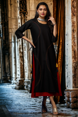 layered long chander kurta with separate inner - ebony warmth & rustic rings