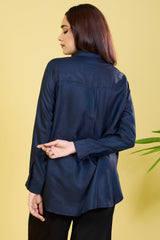 button down blue viscose silk shirt indigo hymns