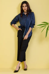 button down blue viscose silk shirt indigo hymns