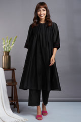 ethereal black - luxe crew neck chanderi gather dress