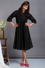 ethereal black - luxe crew neck chanderi gather dress