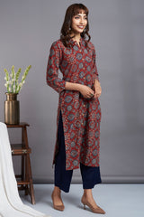 button down round collar kurta - madder magic & mughal motif