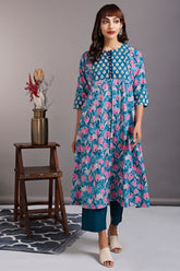 a-line kalidar kurta - lakeshore blue & lenten roses