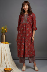 box pleat a-line kurta - mystique maroon & magic spell