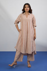 Co-ord Set Cocoa Trace Collar Box Pleat Kurta & Pants