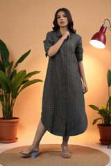 Cocoa Silver Grid Long Cotton Shirt Dress