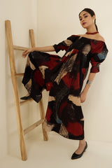 Ebony Scarlet Brush Strokes Off Shoulder Smocked Jumpsuit